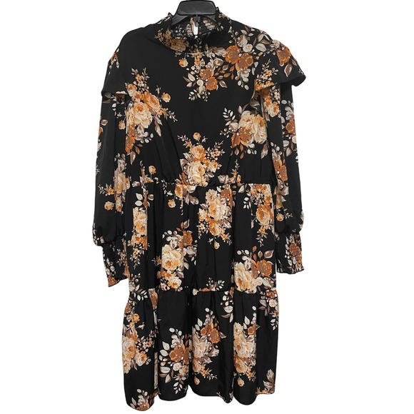 SHEIN Curve Women's Floral Dress 3X Black Long Sleeve Ruffle Neckline Sz 3x - Picture 1 of 5